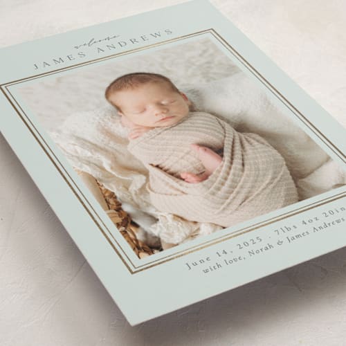 This is a pistachio foil stamped birth announcements with foil pressed by Nicole Walsh called classic border printing on recycled smooth signature in standard