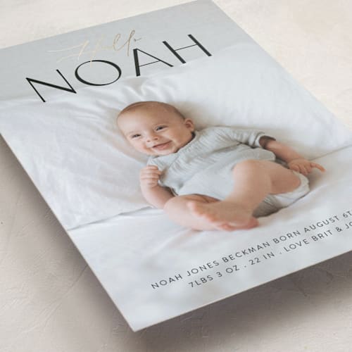 This is a obsidian foil stamped birth announcements with foil pressed by Itsy Belle Studio called arlo printing on smooth signature in standard