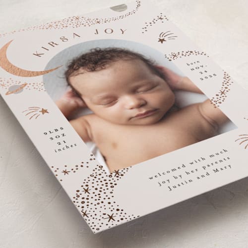 This is a mocha foil stamped birth announcements with foil pressed by Alethea and Ruth called galaxy printing on smooth signature in standard