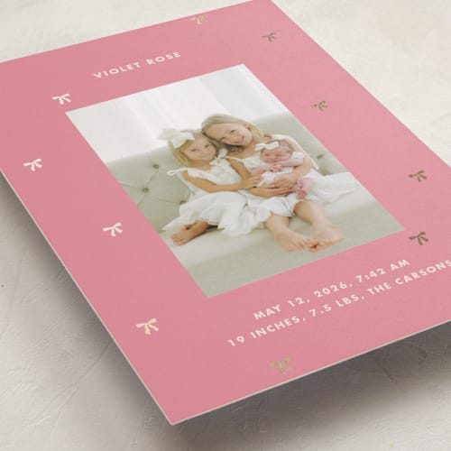 This is a bubblegum foil stamped birth announcements with foil pressed by Baumbirdy called embellished bows printing on smooth signature in standard