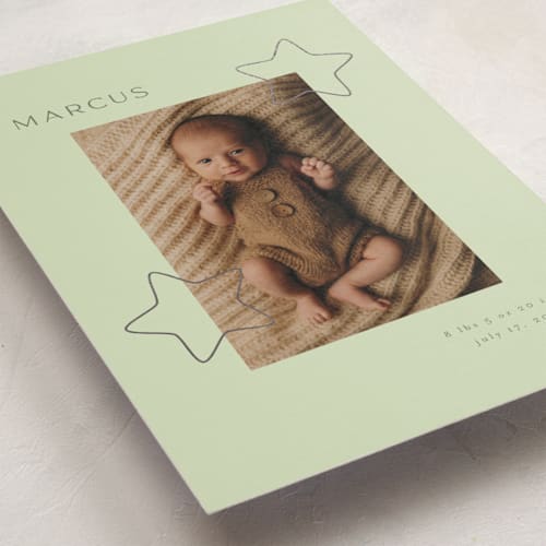 This is a mint foil stamped birth announcements with foil pressed by Iveta Angelova called cute stars printing on recycled smooth signature in standard