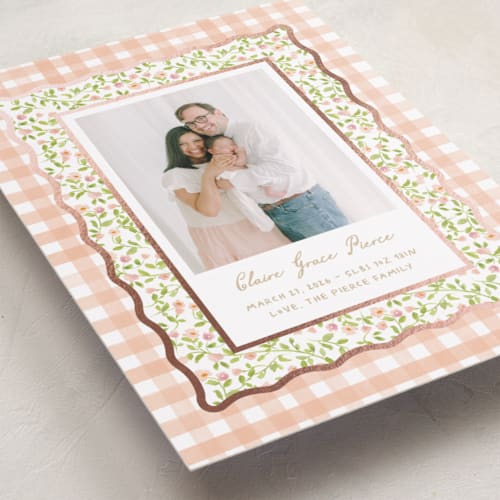 This is a peach foil stamped birth announcements with foil pressed by Creo Study called patio printing on recycled smooth signature in standard