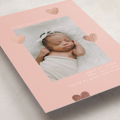 This is a cupcake foil stamped birth announcements with foil pressed by Iveta Angelova called cute hearts printing on smooth signature in standard