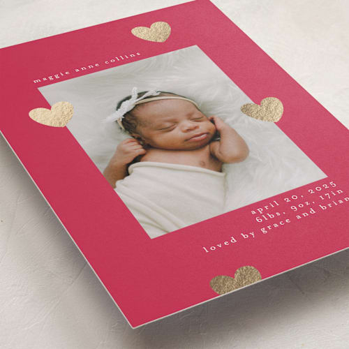 This is a raspberry foil stamped birth announcements with foil pressed by Iveta Angelova called cute hearts printing on recycled smooth signature in standard