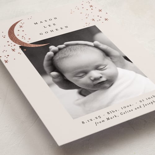 This is a cream foil stamped birth announcements with foil pressed by Alethea and Ruth called crescent moon and stars printing on smooth signature in standard