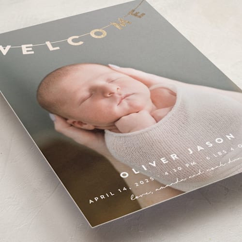 This is a cloud foil stamped birth announcements with foil pressed by Maria Alou called welcome banner printing on recycled smooth signature in standard