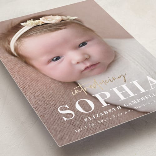 This is a milk foil stamped birth announcements with foil pressed by Susan Asbill called gilded introduction printing on smooth signature in standard