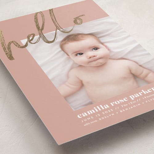 This is a clay foil stamped birth announcements with foil pressed by silverscreen studio called nature new printing on smooth signature in standard