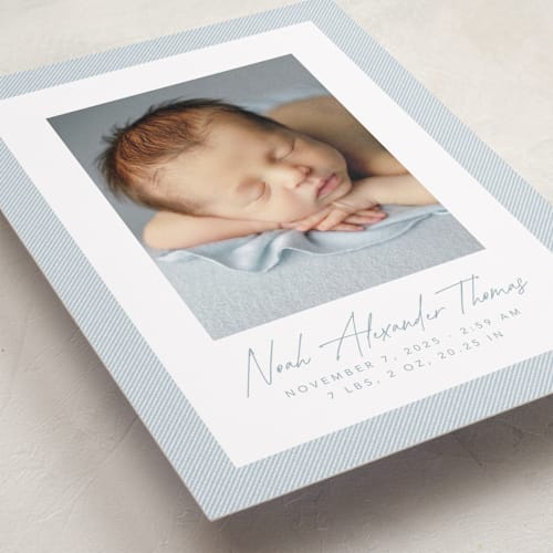 This is a sky birth announcements with standard by Lea Delaveris called corduroy printing on smooth signature in standard
