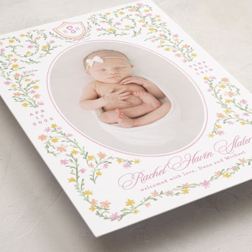 This is a cotton candy birth announcements with standard by Creo Study called cottagecore printing on smooth signature in standard