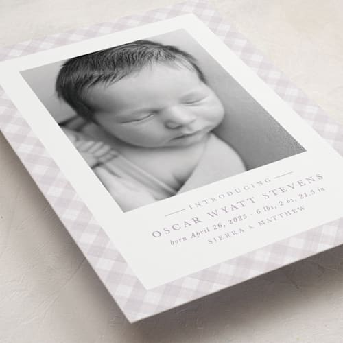 This is a lilac birth announcements with standard by Lea Delaveris called checked printing on smooth signature in standard