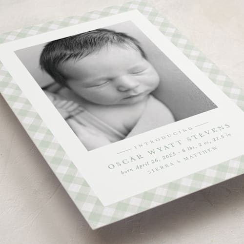 This is a leaf birth announcements with standard by Lea Delaveris called checked printing on recycled smooth signature in standard