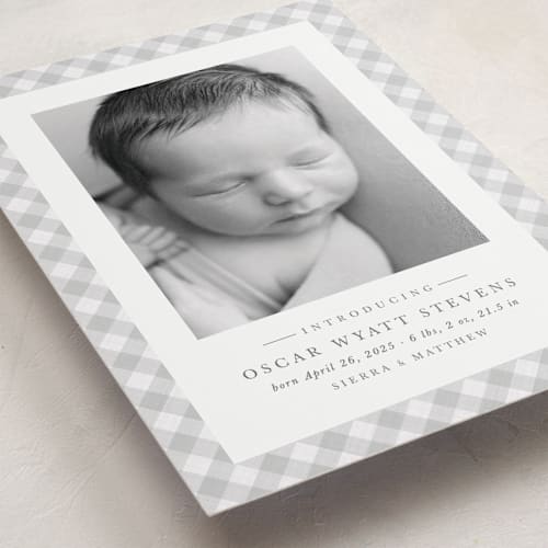 This is a pebble birth announcements with standard by Lea Delaveris called checked printing on recycled smooth signature in standard
