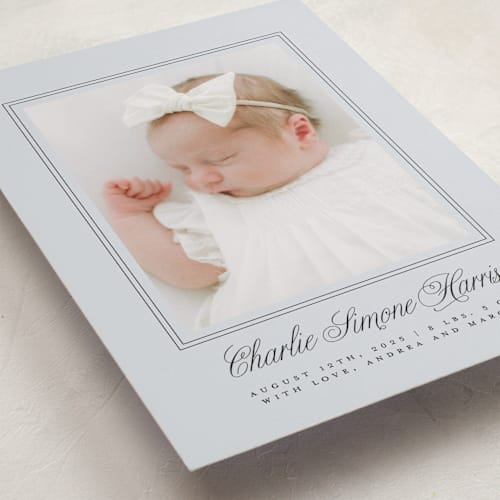 This is a cloud birth announcements with standard by mo kelley called classical border printing on recycled smooth signature in standard