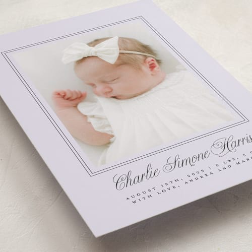 This is a lavender birth announcements with standard by mo kelley called classical border printing on smooth signature in standard