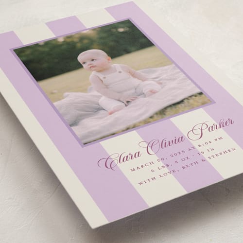 This is a viola birth announcements with standard by Megan Davis called gelato printing on smooth signature in standard