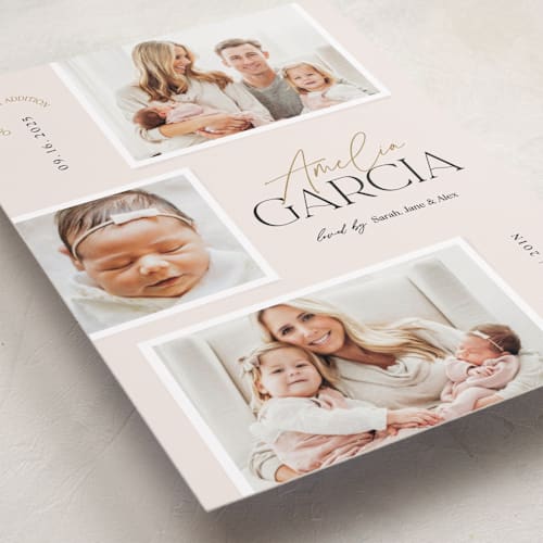 This is a blush birth announcements with standard by Elan Studio called meet our baby printing on smooth signature in standard