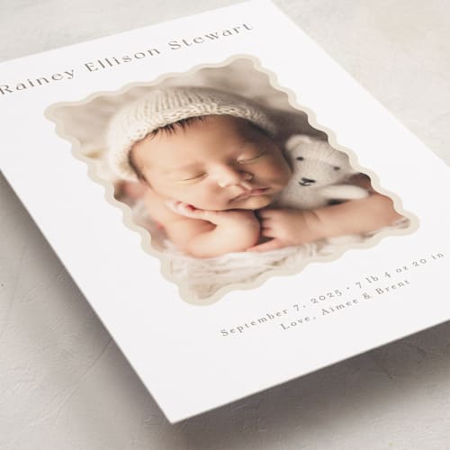 This is a oatmeal birth announcements with standard by Jennifer Wick called applique printing on recycled smooth signature in standard