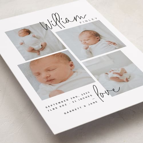 This is a onyx birth announcements with standard by Lindsay Stetson Thompson called overjoyed script printing on smooth signature in standard