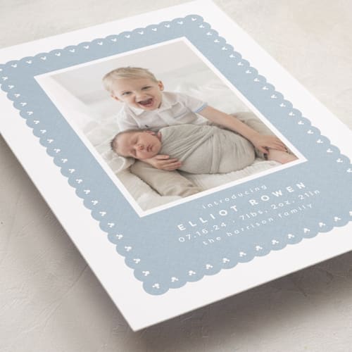 This is a chambray birth announcements with standard by Lea Delaveris called mickey fabric frame printing on smooth signature in standard