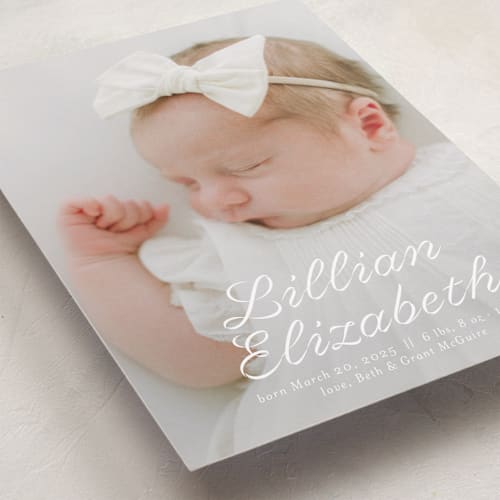 This is a cotton birth announcements with standard by Megan Davis called georgette printing on smooth signature in standard