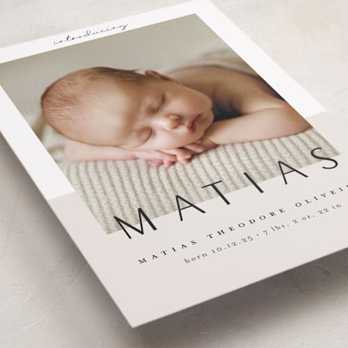 This is a ivory birth announcements with standard by Maria Hilas-Louie called big news printing on recycled smooth signature in standard