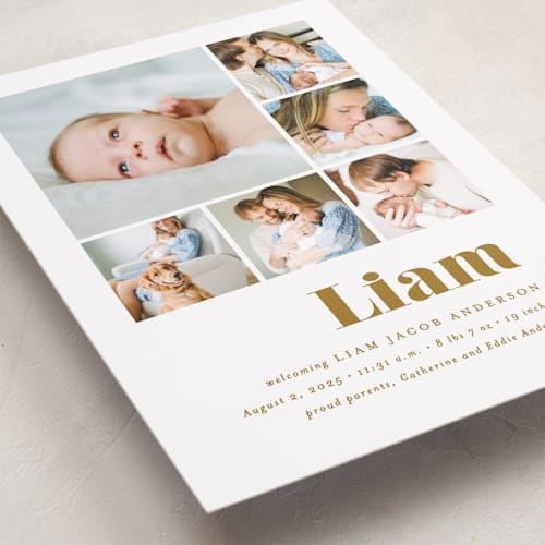 This is a golden birth announcements with standard by Ana Sharpe called bold arrival printing on smooth signature in standard