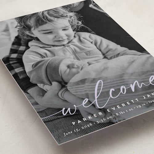 This is a lavender birth announcements with standard by Susan Asbill called little welcome printing on smooth signature in standard