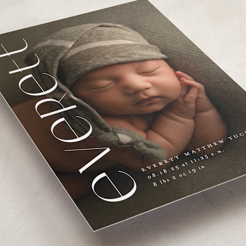 This is a linen birth announcements with standard by Erica Krystek called modern name printing on smooth signature in standard