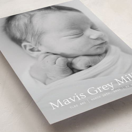 This is a snow birth announcements with standard by Bramble Studio called simple in serif printing on recycled smooth signature in standard