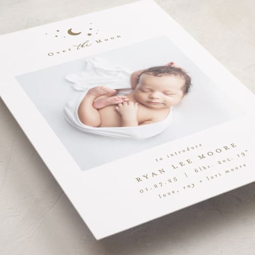 This is a fawn birth announcements with standard by AK Graphics called over the moon printing on smooth signature in standard