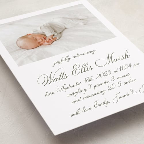 This is a fern birth announcements with standard by Megan Davis called walden printing on recycled smooth signature in standard