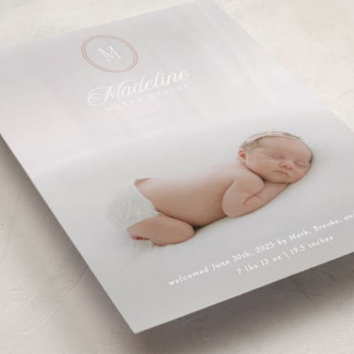 This is a petal birth announcements with standard by Robert and Stella called cameo printing on recycled smooth signature in standard