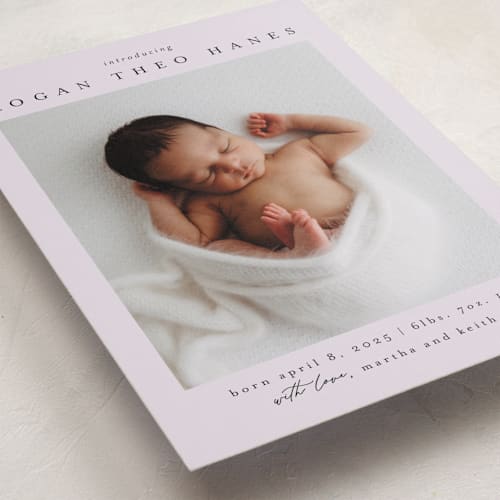 This is a lilac birth announcements with standard by Chris Griffith called frame of happiness printing on smooth signature in standard