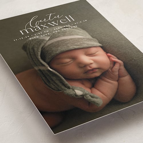 This is a jasmine birth announcements with standard by Erin Deegan called contemporary classic printing on smooth signature in standard