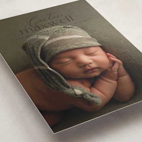 This is a onyx birth announcements with standard by Erin Deegan called contemporary classic printing on smooth signature in standard