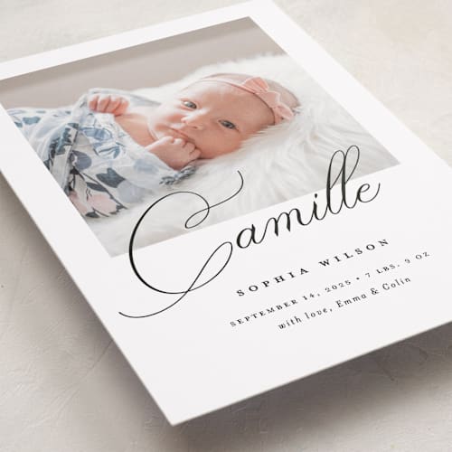 This is a ebony birth announcements with standard by Benita Crandall called the script printing on smooth signature in standard