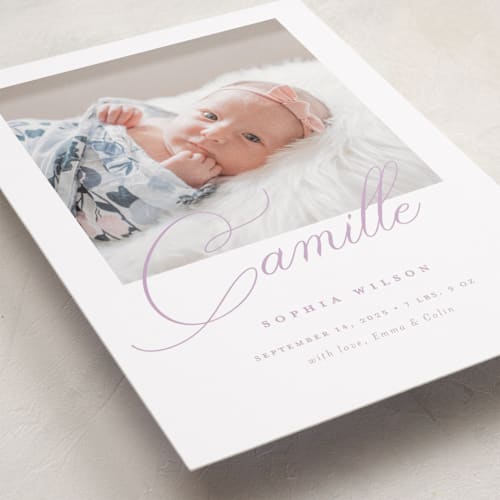 This is a lilac birth announcements with standard by Benita Crandall called the script printing on smooth signature in standard