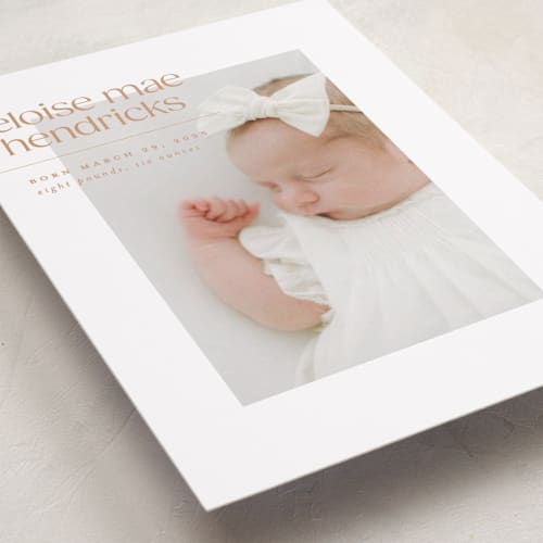 This is a peach birth announcements with standard by Ellen Schlegelmilch called eloise printing on smooth signature in standard