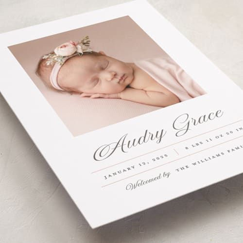 This is a peony birth announcements with standard by Pixel and Hank called elegance printing on smooth signature in standard