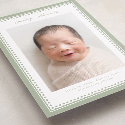 This is a sage birth announcements with standard by Nicole Walsh called stitched frame printing on recycled smooth signature in standard