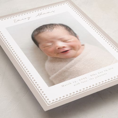 This is a fawn birth announcements with standard by Nicole Walsh called stitched frame printing on recycled smooth signature in standard