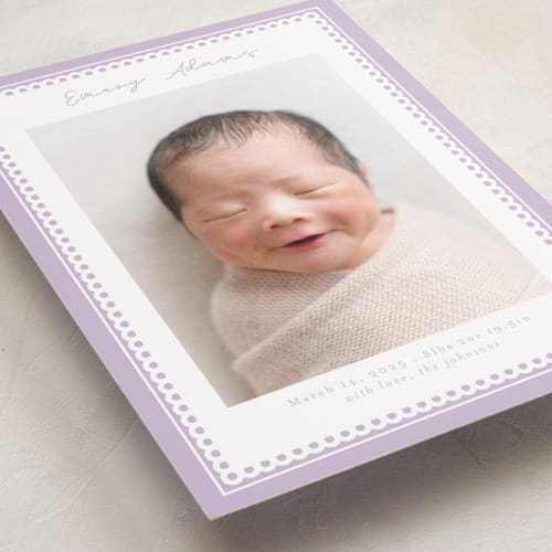 This is a lilac birth announcements with standard by Nicole Walsh called stitched frame printing on smooth signature in standard