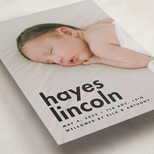 This is a charcoal birth announcements with standard by Ellen Schlegelmilch called hayes printing on recycled smooth signature in standard