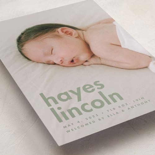 This is a sage birth announcements with standard by Ellen Schlegelmilch called hayes printing on recycled smooth signature in standard