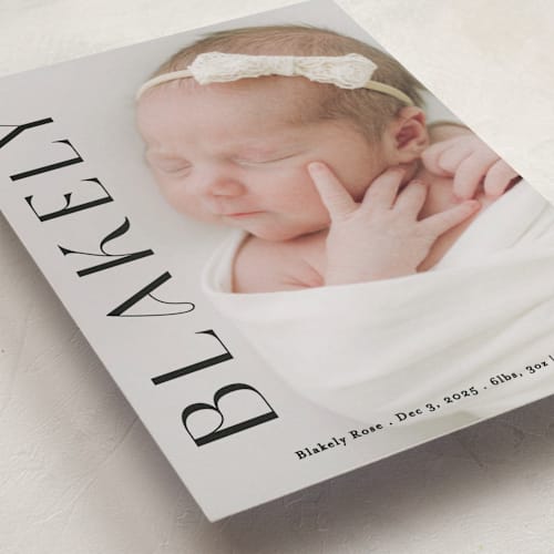 This is a ebony birth announcements with standard by Angela Thompson called close up printing on smooth signature in standard