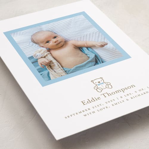 This is a baby birth announcements with standard by mo kelley called teddy printing on recycled smooth signature in standard