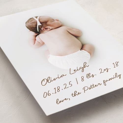 This is a bark birth announcements with standard by AK Graphics called signed with love printing on smooth signature in standard