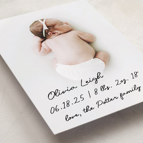 This is a noir birth announcements with standard by AK Graphics called signed with love printing on smooth signature in standard