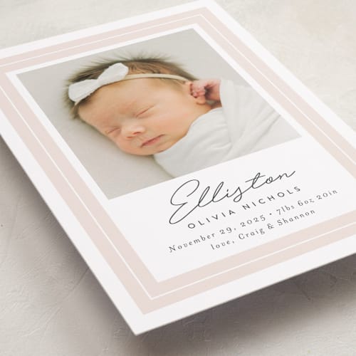 This is a blush birth announcements with standard by Jessica Williams called serene printing on smooth signature in standard